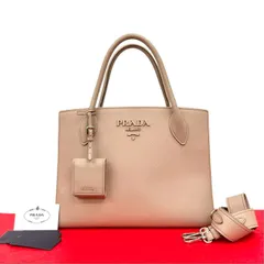 極 美品 PRADA プラダ モノクローム ロゴ 金具 サフィアーノ レザー 本革 2way ショルダーバッグ ハンドバッグ ピンクベージュ 595-5