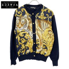 美品】Ferragamo 異素材コンビクルーネックカーディガン 孔雀総柄 金釦