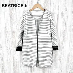 BEATRICE.b ベアトリス ビー ボーダー フリル コットン ロングノーカラージャケット ホワイト レディースのサムネイル