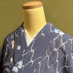 F276 夏着物　洗える小紋　洗える着物　グレー　灰紫　網　花