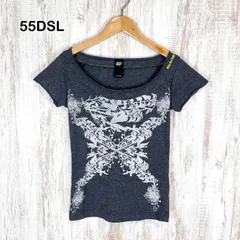 00s DIESEL 55DSL ディーゼル フィフティーファイブディーエスエル ロゴ刺繡 グラフィックプリント Tシャツ ダークグレー レディース 半袖 トップス Y2K 平成ギャルのサムネイル