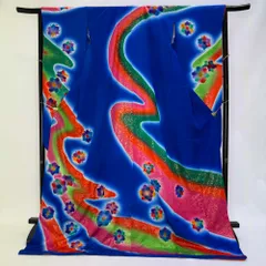 本振袖 引き振袖 正絹 青色 汕頭刺繍 花柄 古典 刺繍 結婚式 裄65.5cm 身丈187cm Bランク 花嫁衣装 Mサイズ 4936