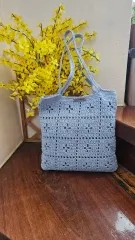 手編みバッグ(ライトブルーショルダー8)