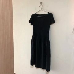 ドゥロワー 半袖ニットワンピース ロング フレア リブ切替 ブラック