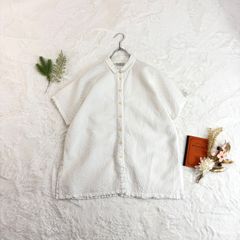 美品✨インディヴィ INDIVI 半袖 ストライプ バンドカラー ギャザー 