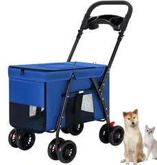 LOOPFKL ペットカート 中型犬 小型犬 バギー 折り畳み 多頭 猫 コンパクト 軽量 ペットバギー 組み立て簡単 4輪 前輪360°回転 後輪ブレーキ付き 耐荷重55Kg カップホルダー、フックなど付属 ペットカート (ブルー)のサムネイル