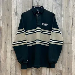 BARBARIAN バーバリアン RUGBY WEAR ラグビー ウェア カナダ製 ブラック × ベージュ malibu BOATS 刺繍 肉厚 厚地 コットン ラガーシャツ 長袖 ポロシャツ メンズ M サイズのサムネイル