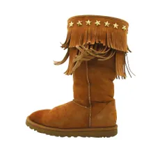 UGG アグ JIMMY CHOO ジミーチュウ コラボ ブーツ ムートン ウエスタン スタースタッズ フリンジ シューズ 靴  ブラウン 7 24cm レディース 【中古】