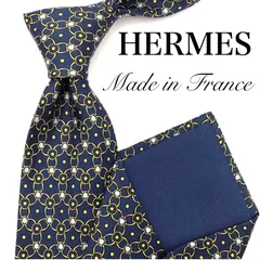 HERMES エルメス ネクタイ 紺 ゴールド チェーンリンク 小紋柄 総柄