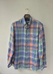 ポロ ラルフローレン - 新モデル ブルー CHECK リネン シャツ L (105)