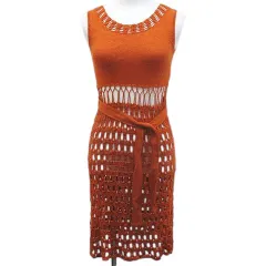 ヴィヴィアンタム VIVIENNE TAM ノースリーブ かぎ編み ニット ワンピース ミニ丈 0 オレンジ シースルーのサムネイル
