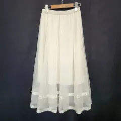 アイボリー チュールスカート ロングスカート パール装飾 フリーサイズ