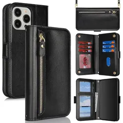 【新品】 for iPhone 15 Pro Max ケース アイホン 15ProMax 肩がけ 首掛け 斜め掛け ファスナー ストラップ付き ショルダーケース 手帳型 CASE カバー SunYoo カード収納 横置き スタント PUレザー 財布型 fo 1
