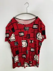 Tシャツ/カットソー レッド 前面プリント バックプリント その他総柄 ミドル丈 半袖 クルーネック(丸首)
