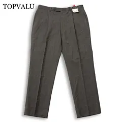 【新品 未使用】 TOPVALU トップバリュ イオン★ ヘリンボーン タック スラックス パンツ Sz.88 メンズ 灰 大きいサイズのサムネイル