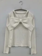 Tシャツ/カットソー M ホワイト 無地 リボン 長袖 ショート丈 スクエアネック