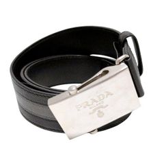 PRADA プラダ レザーベルト ブラック 85 バックル 黒 編み型押しデザイ