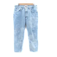ザラ ZARA デニムパンツ ジーンズ テーパードパンツ アンクル丈 花柄 ボタンフライ ダメージ加工 42 XL 水色 ライトブルー /HO27