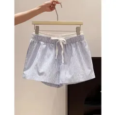 レディース ルームウェア ストライプ ハーフパンツ 細いウエスト