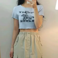 H&M レディース プリンティング クロップド 半袖 Tシャツ B8M985