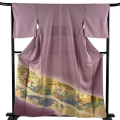 色留袖 身丈159cm 裄丈66cm M 袷 落款 草花 牡丹 金糸 ぼかし 薄紫 正絹 秀品 一つ紋 【中古】のサムネイル