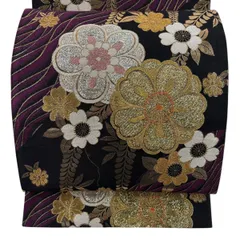 【美品】 袋帯 秀品 草花 波 金糸 箔 黒 六通 正絹 【中古】
