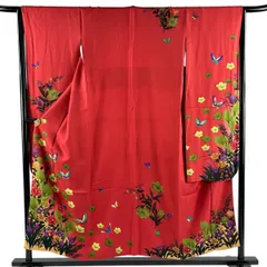 【美品】 振袖 身丈152cm 裄丈66.5cm M 袷 蝶 草花 箔 金彩 赤 正絹 秀品 【中古】