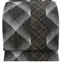 【美品】 袋帯 秀品 幾何学 斜め格子 金糸 灰色 全通 正絹 【中古】