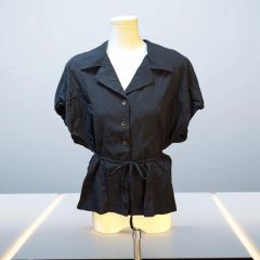 シャンハイタン ブラウス 絹麻 黒 チャイナカラー ノースリーブ 春夏 S 