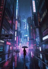 2700 아트 포스터 풍경화 사이버펑크 네온 거리 우산 비 야경 모던 아트 인테리어 벽걸이 세련된 북유럽 한국 인테리어 카페풍 현대 아트 A3 가까운 미래 일러스트 이마 없음
