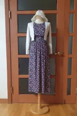 (新品)小花シャーリング ロング丈ワンピース ネイビー+コーデネックレス