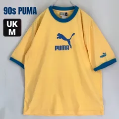 90s PUMA プーマ ★リンガー風Tシャツ★ロゴプリント★海外モデル★イエローxブルー★UKメンズM/JPメンズL   #2605M011