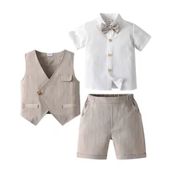 男の子服子供服 キッズ服 フォーマル 子供スーツ ベビー服 半袖シャツ+半ズボン+ベスト3点セット 夏 ブリティッシュスタイル タキシード風 卒園式 入園式 七五三 お宮参り 結婚式 入学式 90 100 110 120 130 140cm