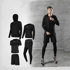 コンプレッションウェア トレーニングウェア メンズスポーツウェア男性用トレーニングウエア 上下5点セット 長袖シャツ 半袖シャツ ハーフパンツ ロングタイツ パーカー 吸汗速乾 通気防臭 S～3XLサイズ展開