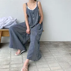 送料無料 オールインワン サロペット パンツ レディース サロペットパンツ パンツドレス オーバーオール ワイドパンツ ガウチョパンツ ゆったり 体型カバー 着痩せ ストライプ チェック柄 きれいめ 大きいサイズ オシャレ