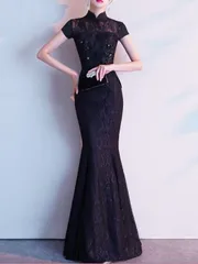 フィッシュテール ロングドレス シースルー 花柄レース 上品