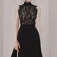 ドレス ハイネック レース  ミモレ丈 ツーピース