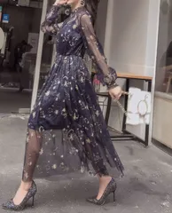 可愛い ワンピース ロング シフォン オシャレ 長袖 透け感