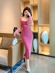 ドレス ロング レース ベルスリーブ ウエストマーク 綺麗