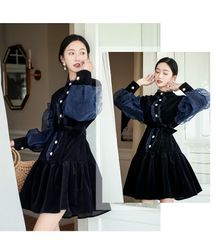 713.714 単品チュールフリルワンピース ブルー＆ベージュ | Mercari
