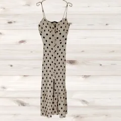 B2150 ザラ ZARA キャミソール ワンピース ノースリーブ(USA/M) ベージュ系 ドット 水玉 総柄 ボタン フレア マーメイド風
