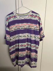 デニムリパブリック 総柄 Tシャツ 丸首 半袖 L 紫緑 綿ポリ お出かけ 