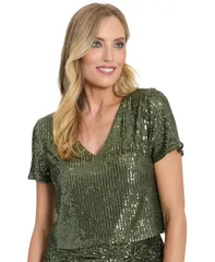 ミューズ レディース トップス シャツ Vネック スパンコール Muse Womens VNeck Sequin Crop Top Olive オリーブのサムネイル