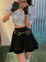 ブルー ストライプ リボン パール ボタン クロップド 半袖 Tシャツ