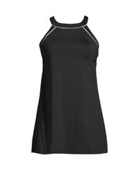 Lands End Women's Chlorine Resistant High Neck Swim Dress One Piece Swimsuit Black/White