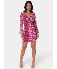 ベベ レディース トップス ワンピース ミニワンピース ギャザー ミニ Bebe Womens Long Sleeve Faux Wrap Ruched Mini Dress Merlot