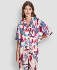 ダナ キャラン ニューヨーク レディース トップス シャツ プリント DKNY Womens Printed Short Sleeves Convertible Collar Top Urban Blのサムネイル