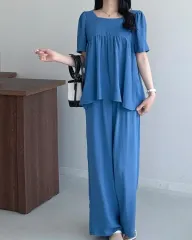 新品シャーリングスクエアネックブラウス ギャザーワイドパンツ 夏セットアップ 半袖ツーピースセット