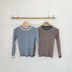 バイカラーストライプ スリムフィット リブニットTシャツ 伸縮性良い 薄い リブTシャツ ボーダー柄 クロップドTシャツ