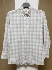Raffi ピュアリネン長袖シャツ(M)ブロックチェック ブルー&グレー 